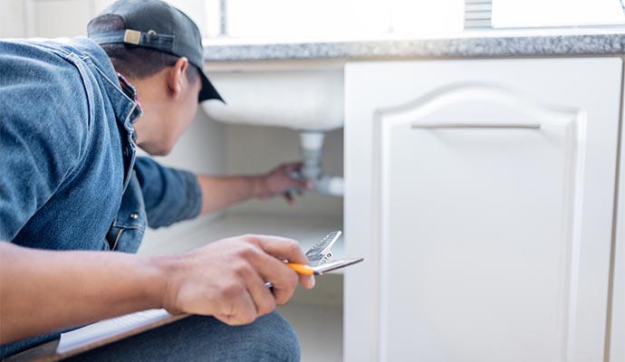 A person inspecting kitchen sink pipe