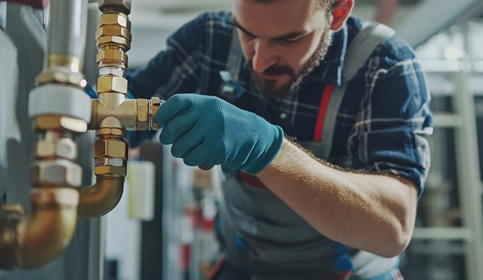 A person is tightening a brass pipe connection