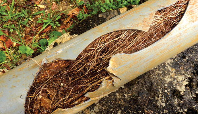 Broken pipe filled with tree roots