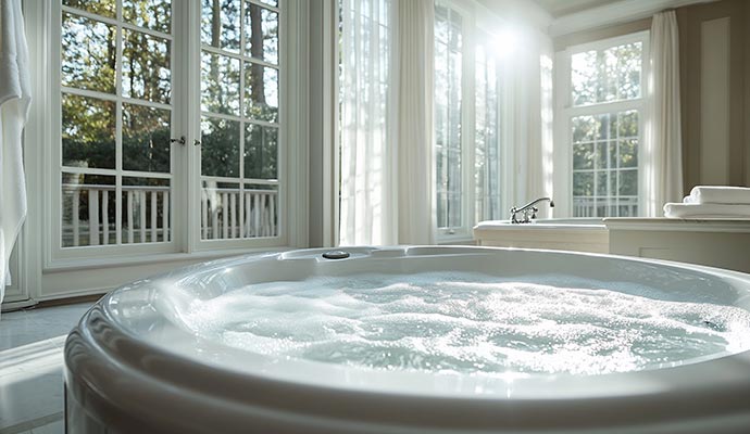 Bubbling whirlpool tub by windows