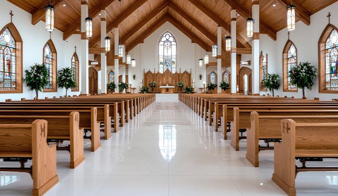 Church sanctuary with wooden pews