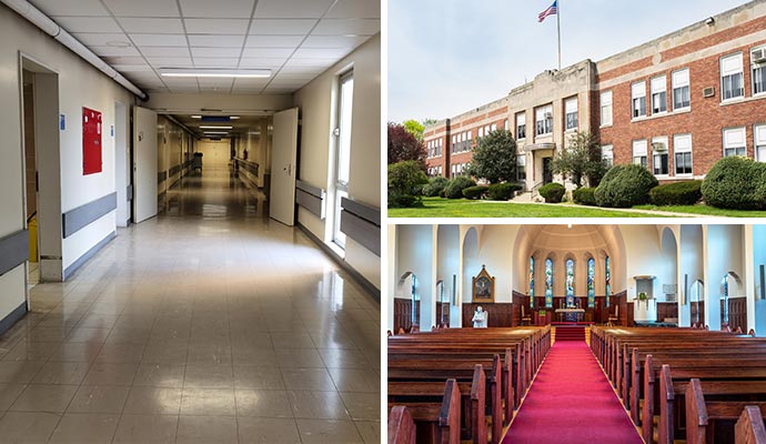 Collage of clean hospital, school and church Collage of clean hospital, school and church