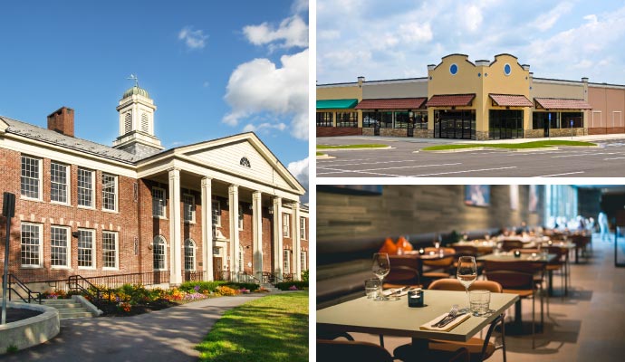 Collage of clean school retail store and restaurant