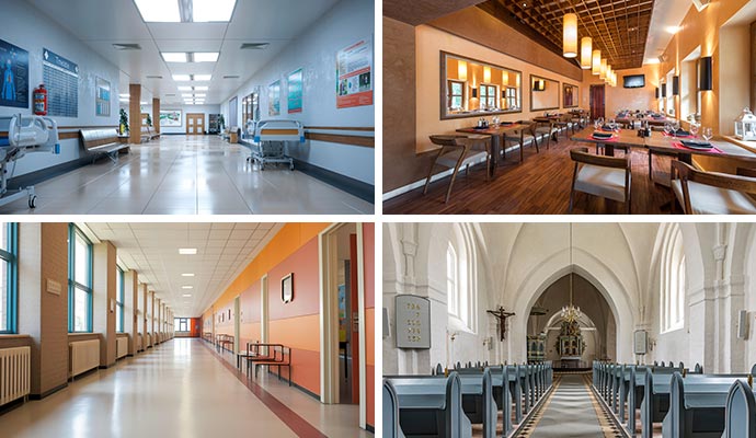 Collage of hospital restaurant school and church interiors