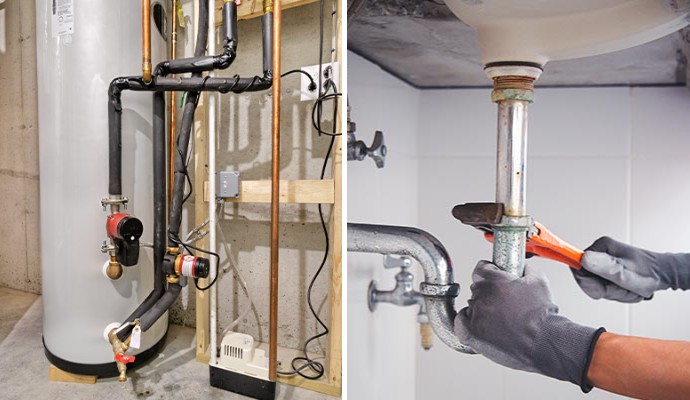 Collage of installed water heater and plumbing services Collage showing installed water heater and plumbing repair services