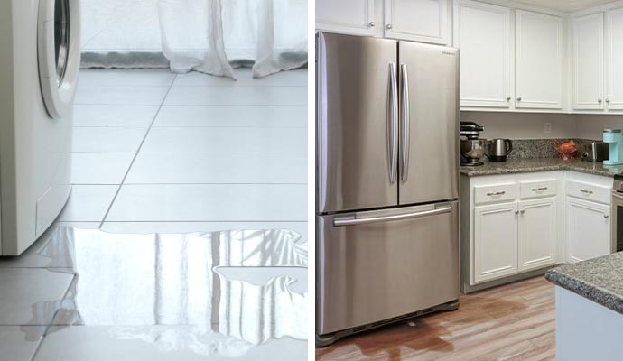 Collage of leaky washing machine and freezer Collage of leaky washing machine and freezer