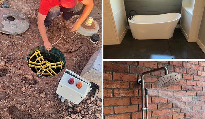 Collage of plumbing underground work bathtub and showerhead installed Collage of plumbing underground work bathtub and showerhead installed