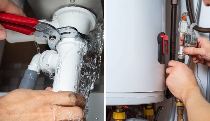 Collage of plumbing and water heater repairing services Collage showing professional plumbing and water heater repairing services