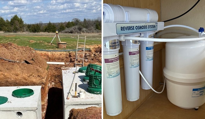 Collage of septic system installation and water filter