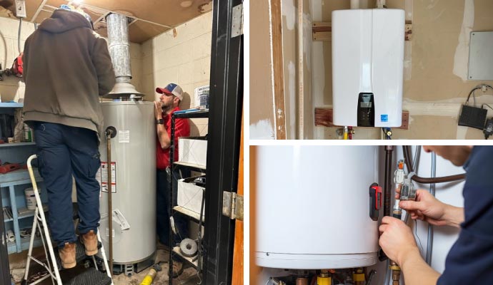 Collage of water heater installation process