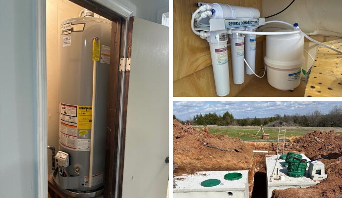 Collage of water heater, septic system, and water filter Collage of water heater, septic system, and water filter