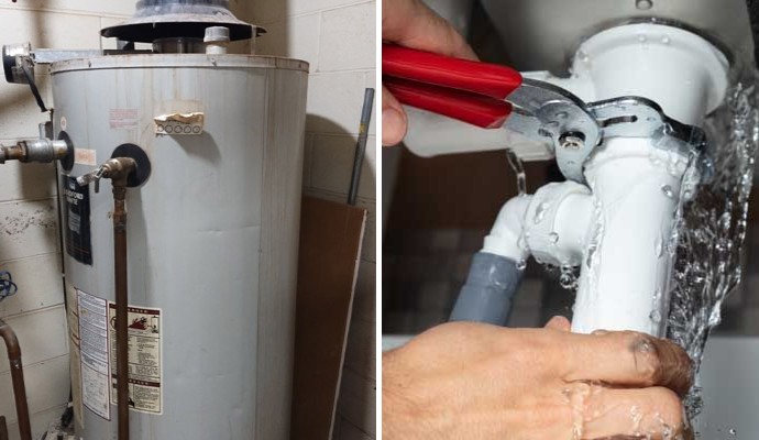 Collage of installed water heater and water flow plumbing services Collage showing installed water heater and plumbing services with water flow