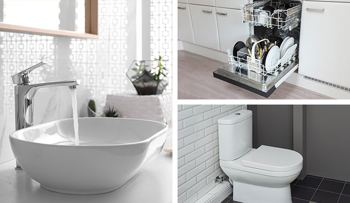 Collage of running toilet sink, open dishwasher and clean toilet