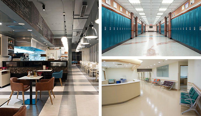 Collage of restaurant, school, and healthcare facilities