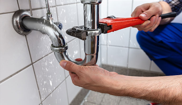 Plumber repairing leaking spraying pipe