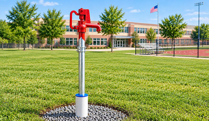 Red bury hydrant on school athletic field