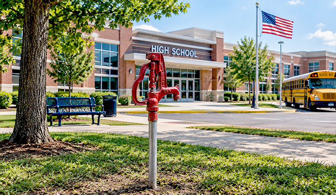 Red bury hydrant outside high school building