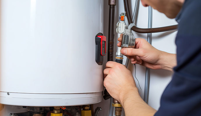 Technician servicing storage tank water heater