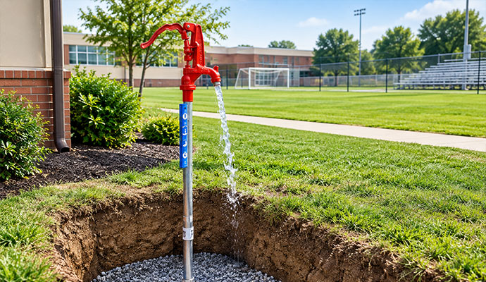 Water flowing from bury hydrant in trench at school