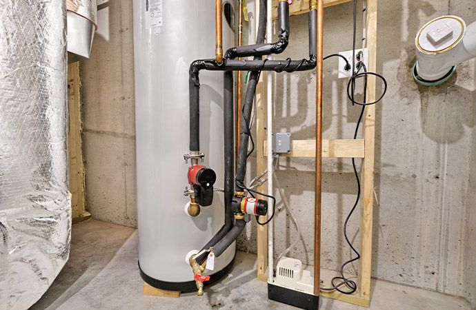 Water heater installation and pipe connection Newly installed water heater tank with connected plumbing lines