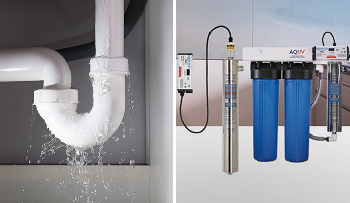 Collage of leaky plumbing and water treatment service