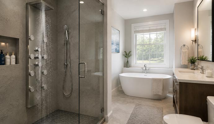Luxury bathroom with shower panel and tub