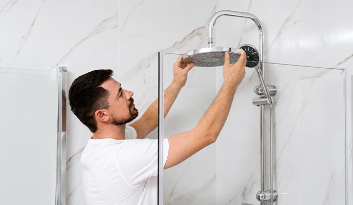 Man installing chrome rain showerhead