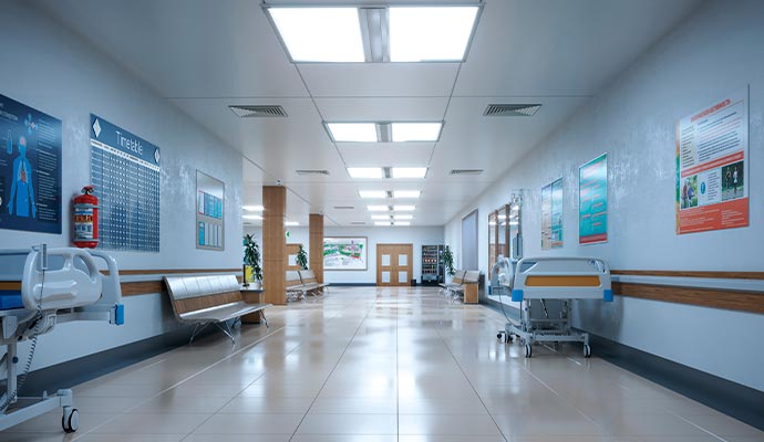 Modern hospital corridor with medical beds