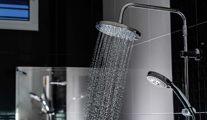 Modern shower feature with dual showerheads