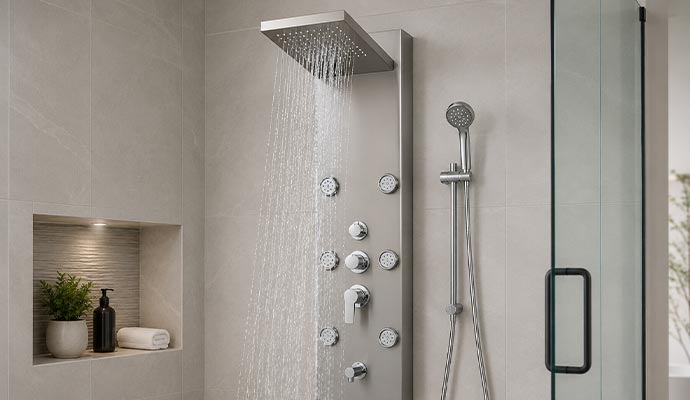 Multi jet shower panel with rectangular rainfall head