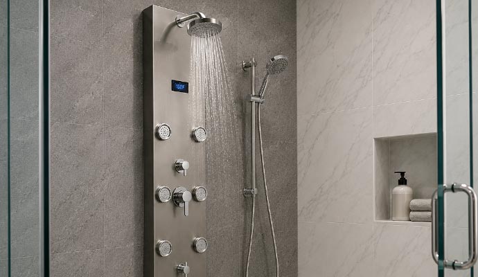 Multi jet shower panel with temperature display