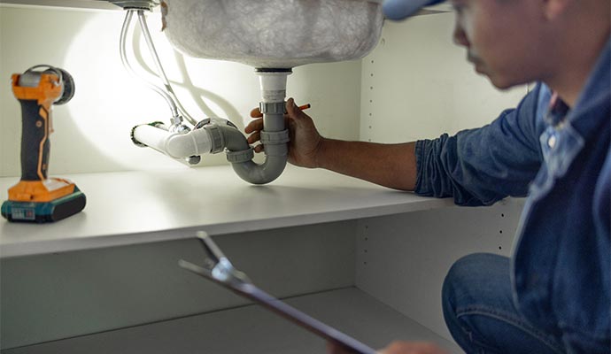 Person inspecting kitchen sink pipe