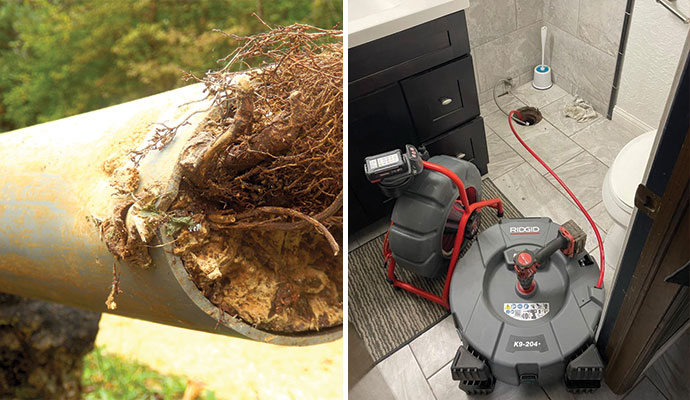 Clogged pipe by tree root and drain cleaning service