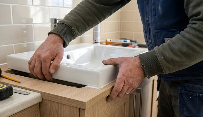 Plumber installing white ceramic sink
