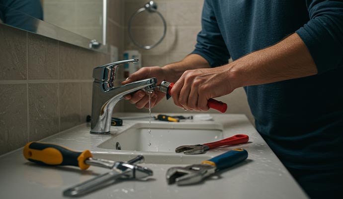 Plumber repairing chrome bathroom faucet