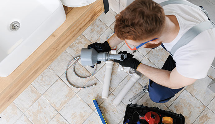 Plumber assembling grey plastic pipes
