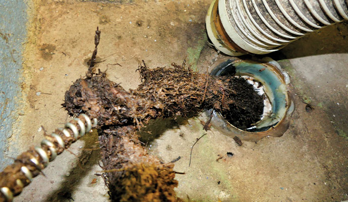 Plumbing auger pulling tree roots from a drain
