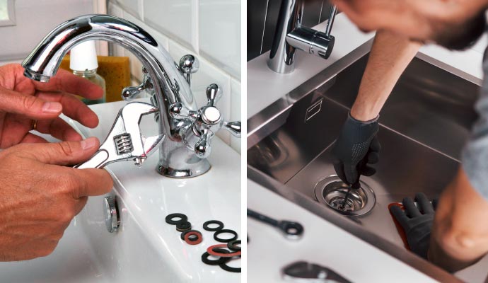 Collage images of a faucet repair and a sink drain repair Collage images of a faucet repair and a sink drain repair