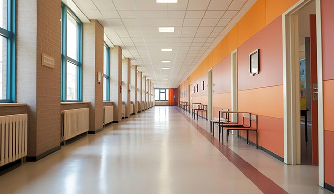 A clean and brightly lit school corridor 