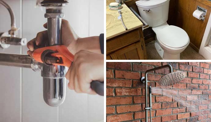 A collage featuring sink drain repair, professional toilet installation, and a modern rain shower head
