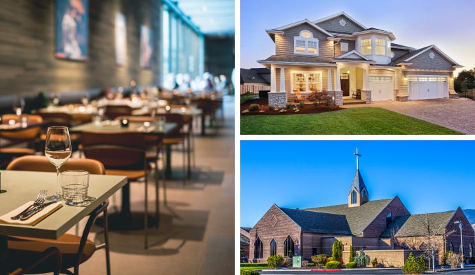 collage of clean restaurant, house and church