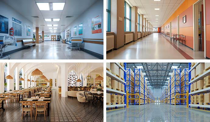 Collage of hospital, restaurant, school, and warehouse