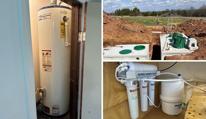 Collage of installed water heater septic system and water filter