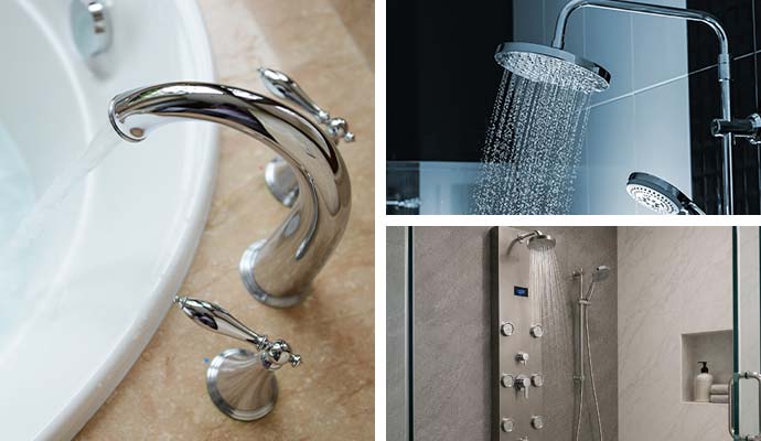 Collage of modern faucet with bathtub, smart showerhead, and multi jet shower panel
