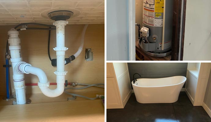 Collage of sink pipes water heater and bathtub Collage of sink pipes water heater and bathtub