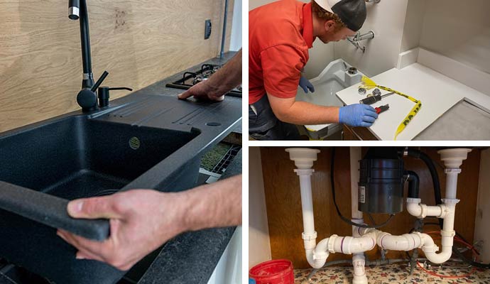 Collage of sink, toilet, and plumbing fixture installation