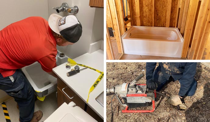 Collage of toilet and tub installation services with drain cleaning