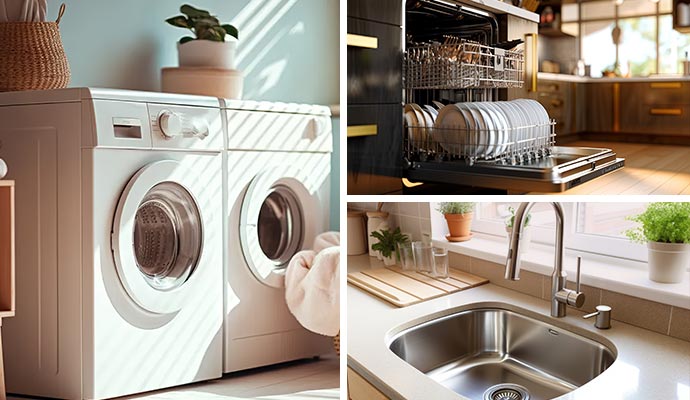 collage of washing machines, dishwasher, and kitchen sink
