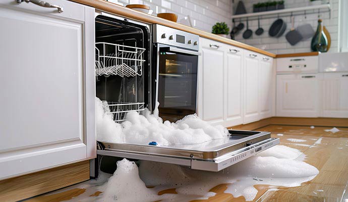 Dishwasher overflowing with soap foam in kitchen