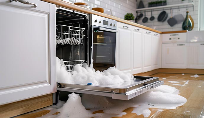 An overflowing dishwasher spilling soap suds and water onto a kitchen floor